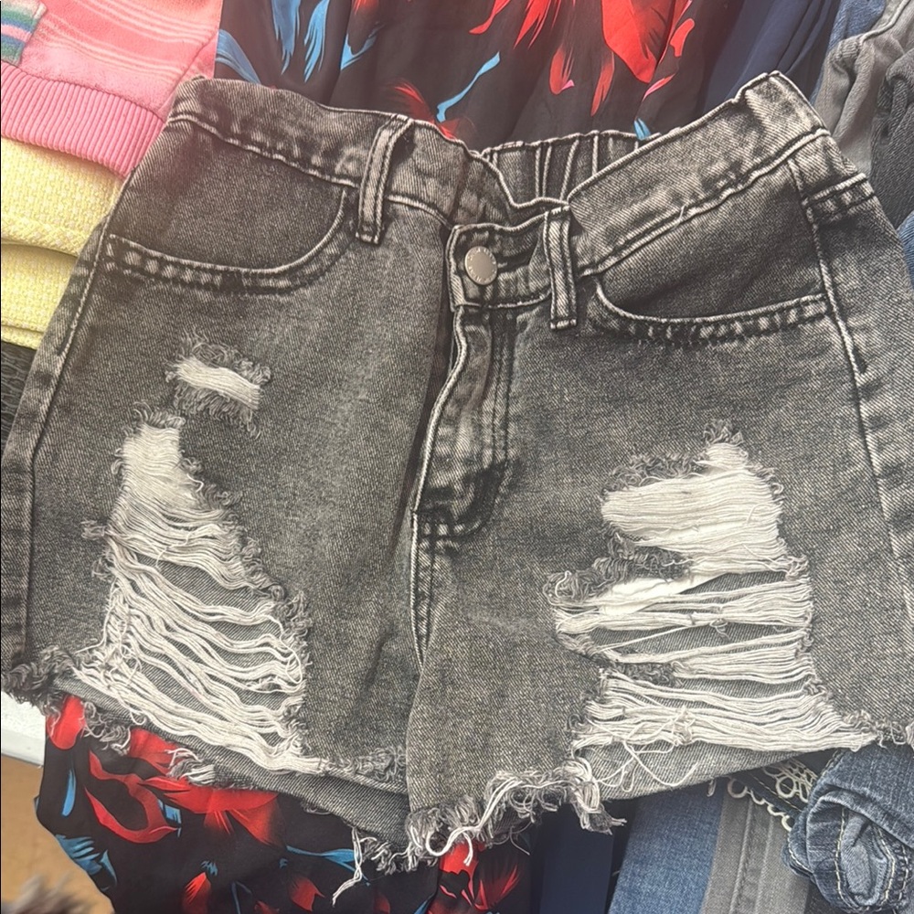 SHEIN Black and White Jean Shorts Distressed High-Waisted